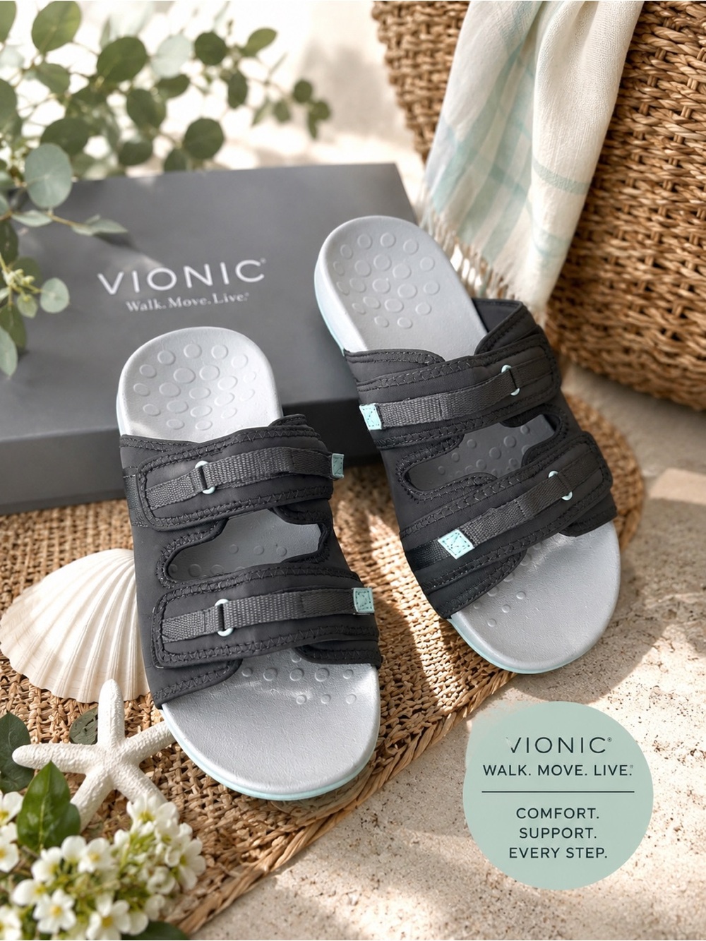 Vionic Women’s Double-Strap Slide Sandals in Black and Light Gray